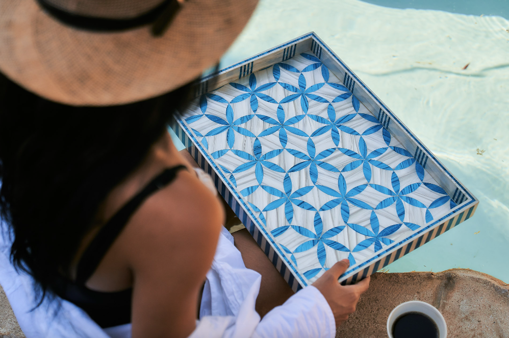 Blue & White Rectangle Tray