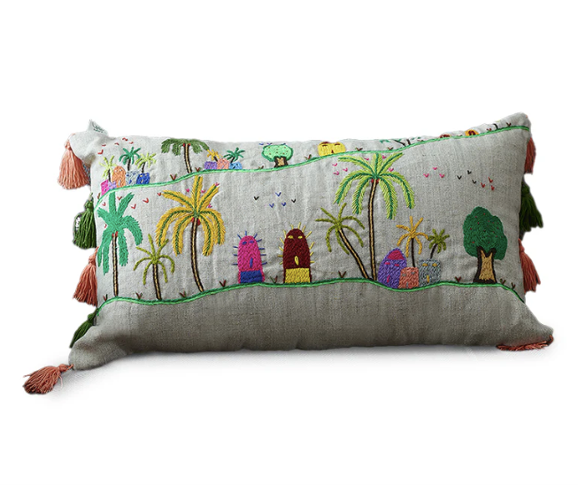 Embroidered Linen Cushion Rustic