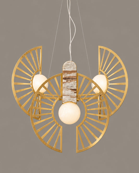 Solaris Chandelier with open golden sunburst forms and hanging light globes | نجف سولاريس بدوائر ذهبية مفتوحة وكرات مضيئة معلقة