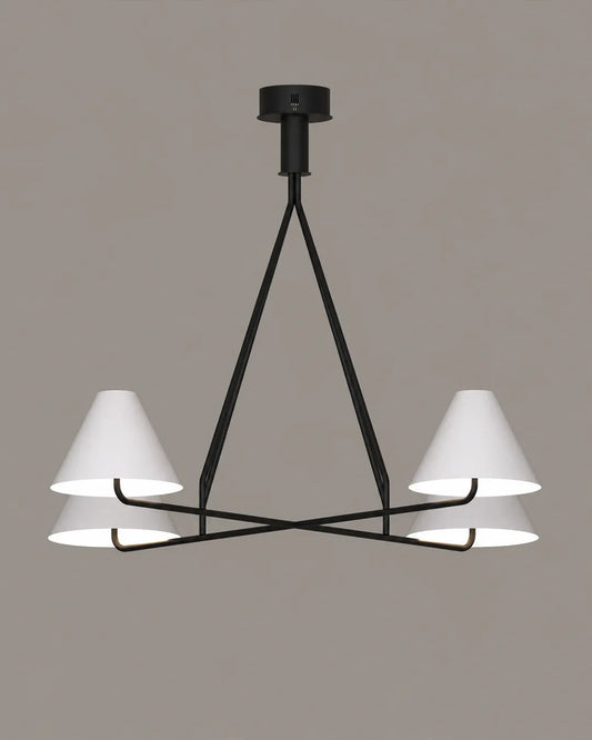 Voula Chandelier isolated product view in black, chandelier with four shades balanced around a central axis | نجف فولا، بتشطيب أسود، أربعة أغطية مضيئة