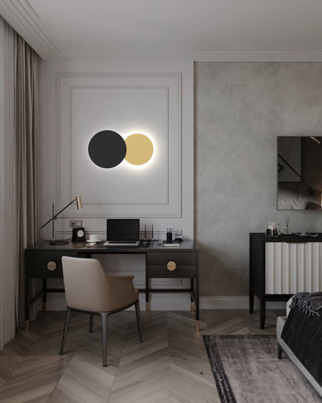 Dual circle wall lamp with indirect glow creating a modern decorative accent / مصباح حائط بدائرتين متناسقتين يبعث إضاءة غير مباشرة بطابع عصري