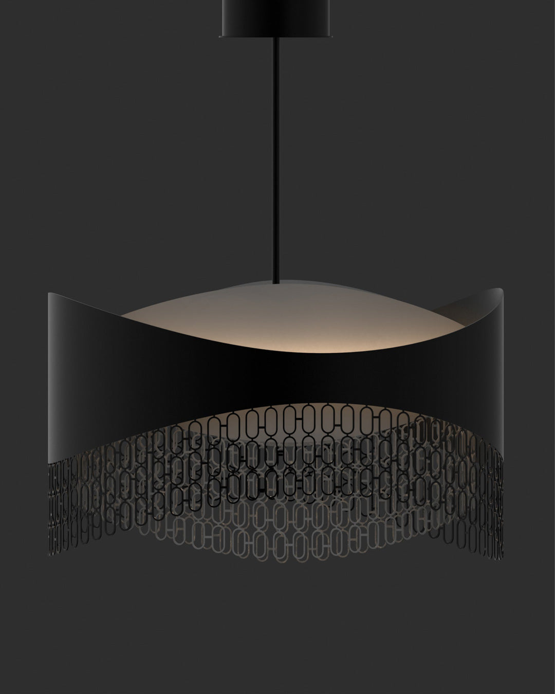 Chains pendant light with interconnected sculptural elements creating dramatic ambient lighting / إضاءة معلقة بعناصر مترابطة بتصميم فني تخلق إضاءة محيطية جريئة