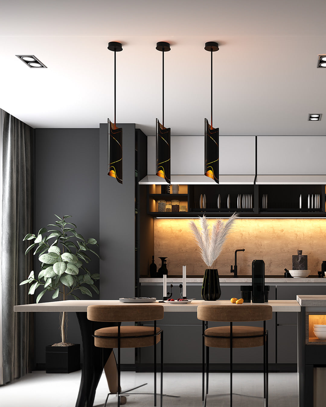 Waves pendant light with sand wave inspired form casting soft ambient light / إضاءة معلقة بتصميم مستوحى من تموجات الرمال تبعث إضاءة ناعمة وهادئة