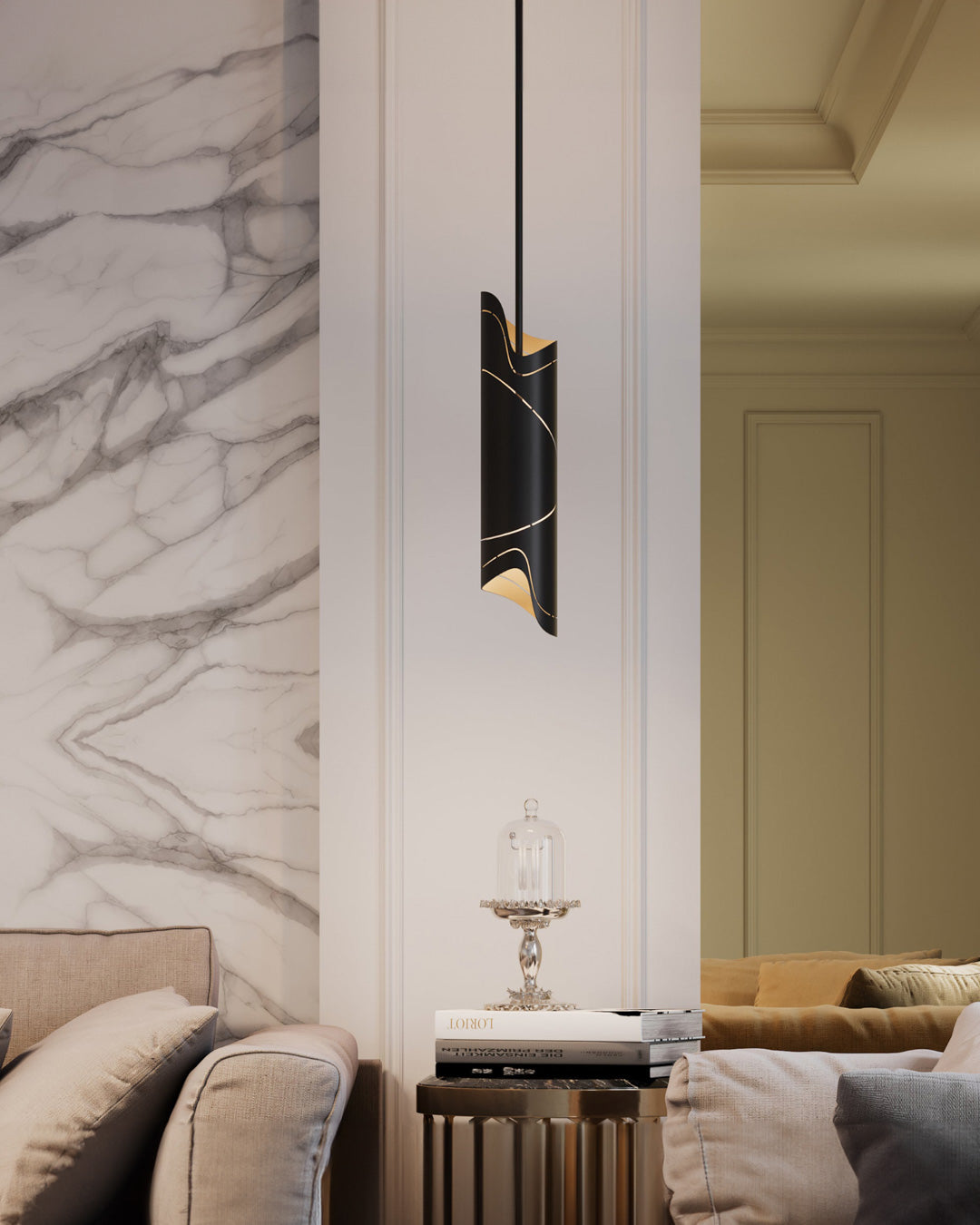 Waves pendant light with sand wave inspired form casting soft ambient light / إضاءة معلقة بتصميم مستوحى من تموجات الرمال تبعث إضاءة ناعمة وهادئة