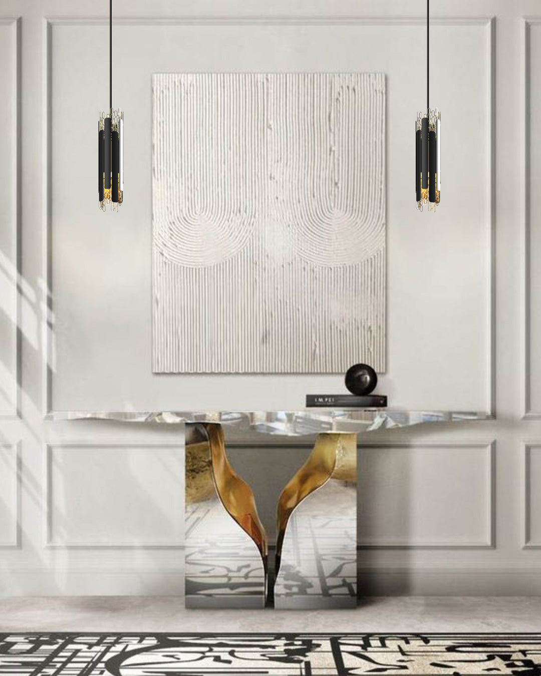 Chain style pendant light with rhythmic flowing design casting soft ambient light / إضاءة معلقة بتصميم متسلسل إيقاعي تبعث إضاءة ناعمة وأنيقة