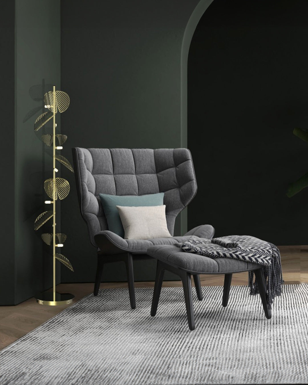Serenity floor lamp with leaf inspired sculptural design casting warm ambient light / مصباح أرضي بتصميم مستوحى من الأوراق الطبيعية يوفّر إضاءة دافئة وهادئة