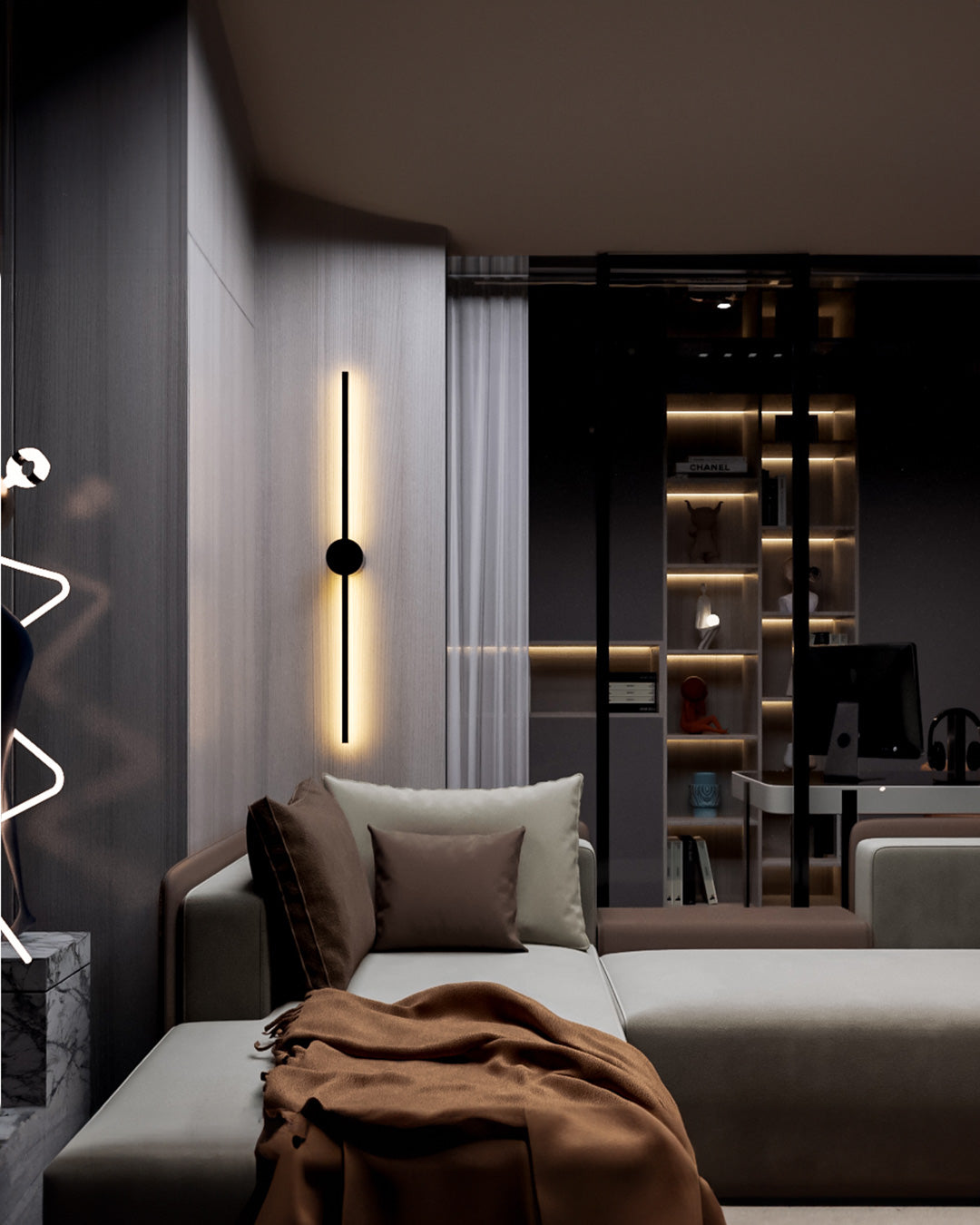 Double lines black circle wall lamp with vertical indirect lighting – مصباح حائط دائري أسود بخطين وإضاءة غير مباشرة بتصميم رأسي