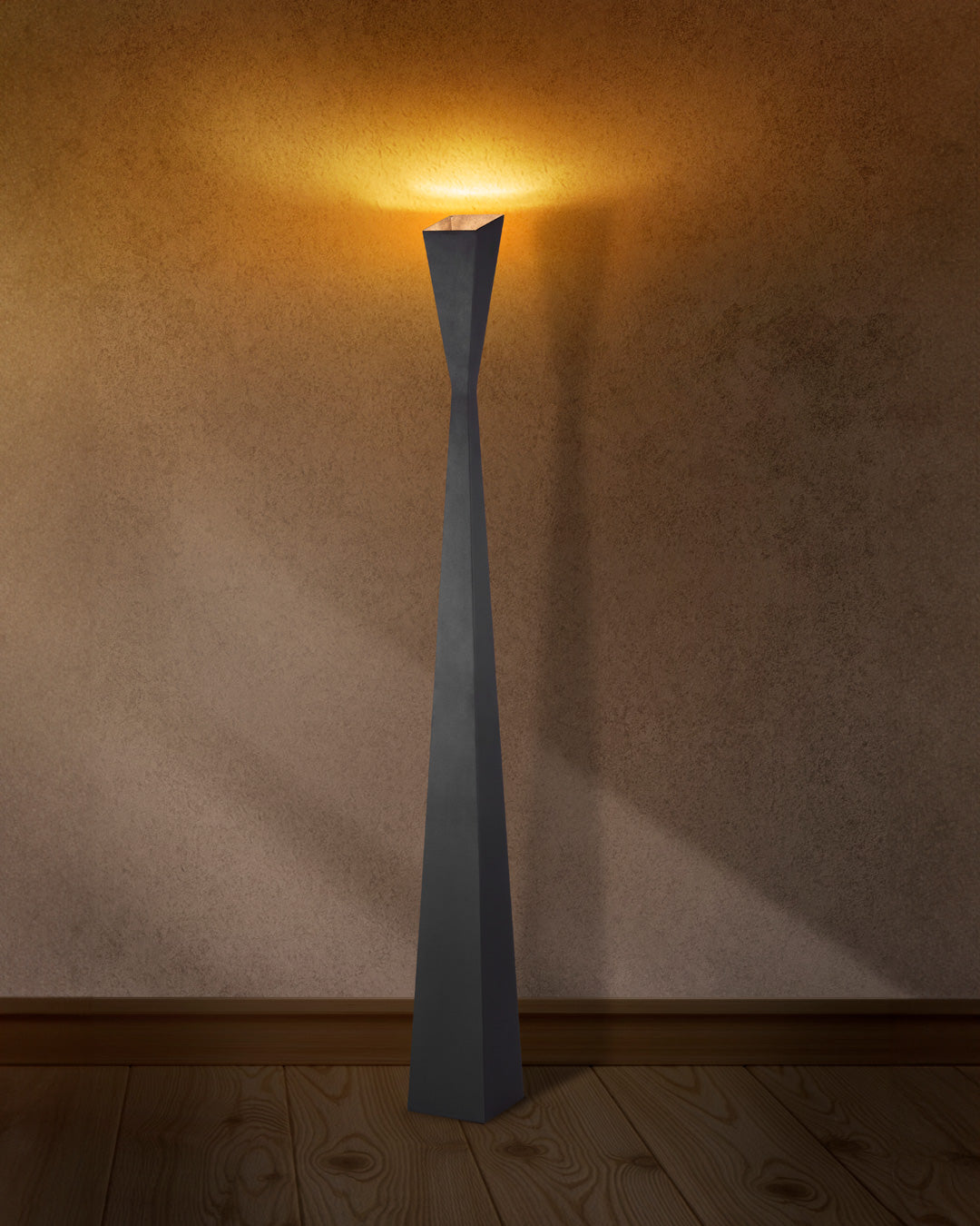 Aura floor lamp with slim modern profile casting soft ambient light / مصباح أرضي بتصميم أنيق ونحيف يوفّر إضاءة هادئة ولمسة عصرية