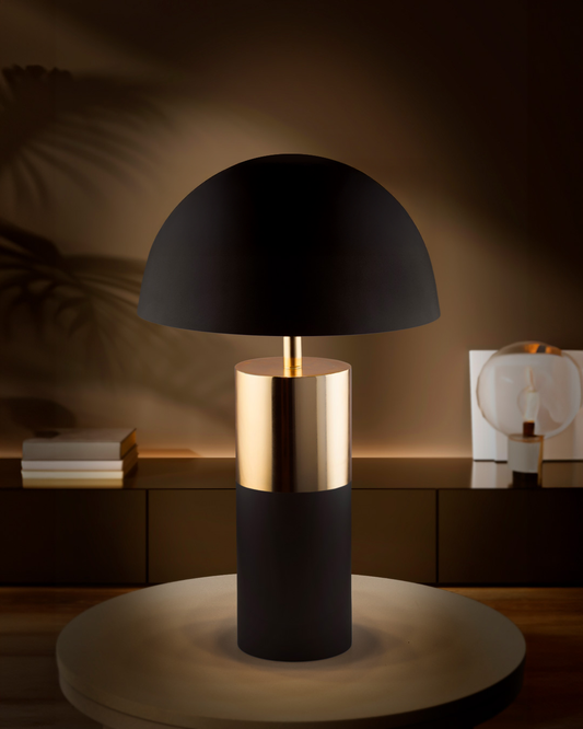 Canopy table lamp with elegant sculptural shade providing soft ambient lighting / مصباح طاولة بتصميم أنيق وغطاء نحتي يوفّر إضاءة هادئة ومريحة
