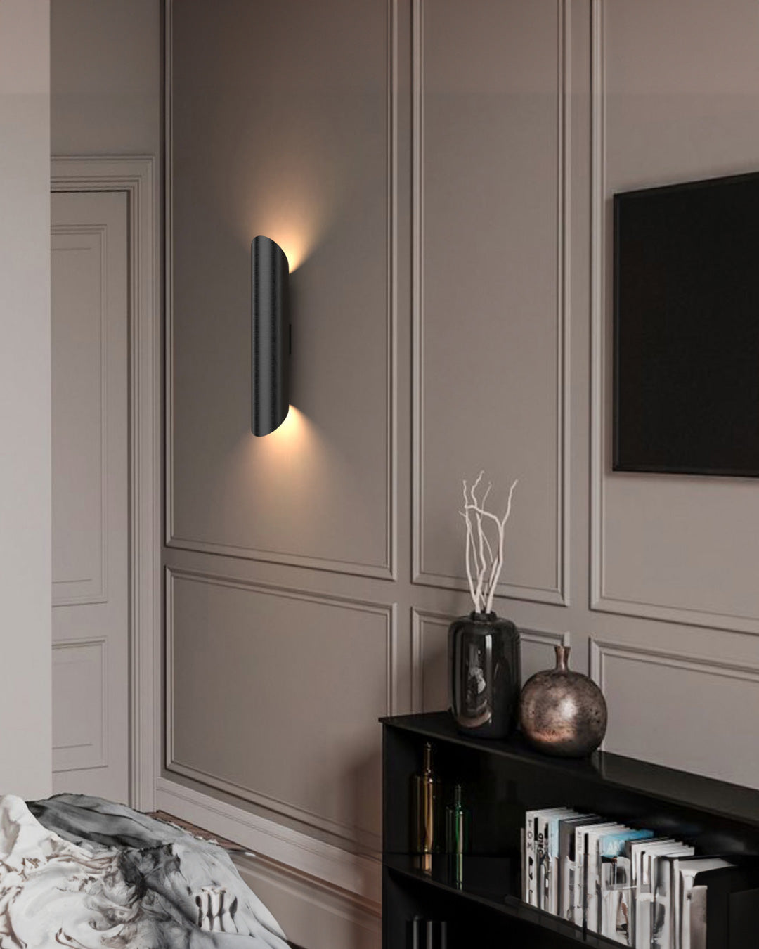 Inverse wall lamp with modern stainless steel form creating soft indirect ambient light / مصباح حائط بتصميم عصري من الستانلس ستيل يمنح إضاءة غير مباشرة هادئة