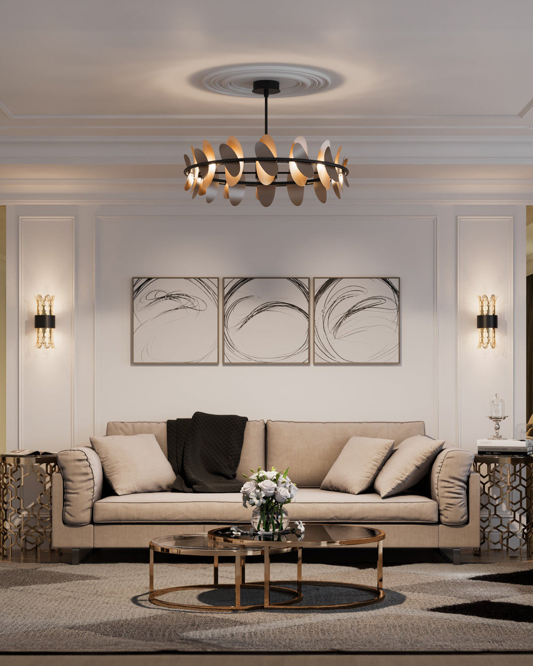 Oval pendant light with butterfly wing inspired form casting soft ambient light / إضاءة معلقة بتصميم بيضاوي مستوحى من أجنحة الفراشة تبعث إضاءة ناعمة