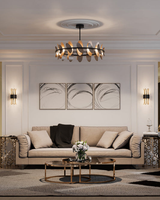 Oval pendant light with butterfly wing inspired form casting soft ambient light / إضاءة معلقة بتصميم بيضاوي مستوحى من أجنحة الفراشة تبعث إضاءة ناعمة