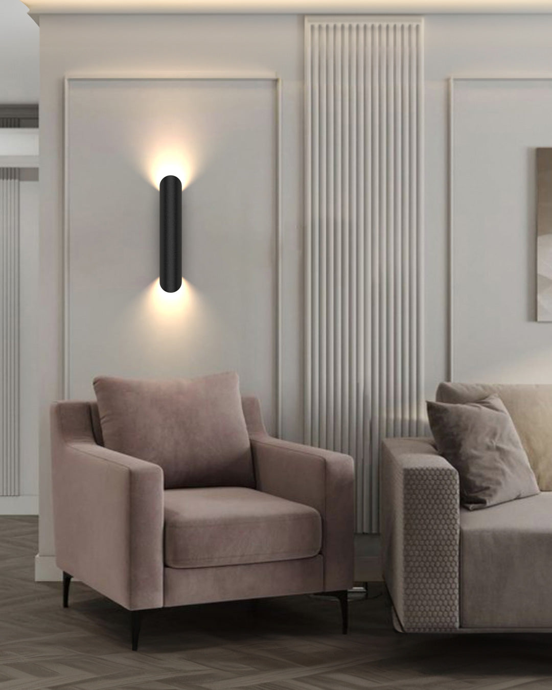 Inverse wall lamp with modern stainless steel form creating soft indirect ambient light / مصباح حائط بتصميم عصري من الستانلس ستيل يمنح إضاءة غير مباشرة هادئة