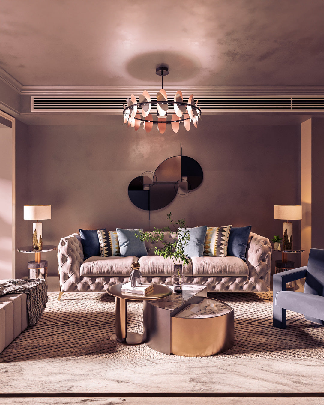 Oval pendant light with butterfly wing inspired form casting soft ambient light / إضاءة معلقة بتصميم بيضاوي مستوحى من أجنحة الفراشة تبعث إضاءة ناعمة