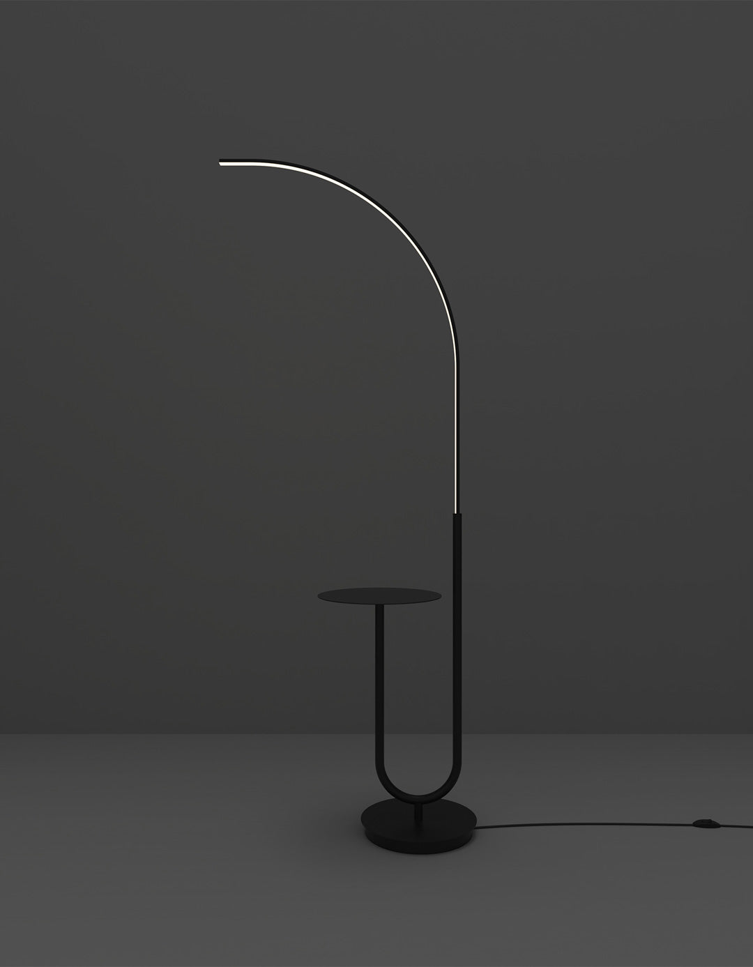 Curve floor lamp with sleek curved silhouette providing soft ambient lighting – مصباح كورف أرضي بتصميم منحني أنيق يمنح إضاءة محيطية ناعمة