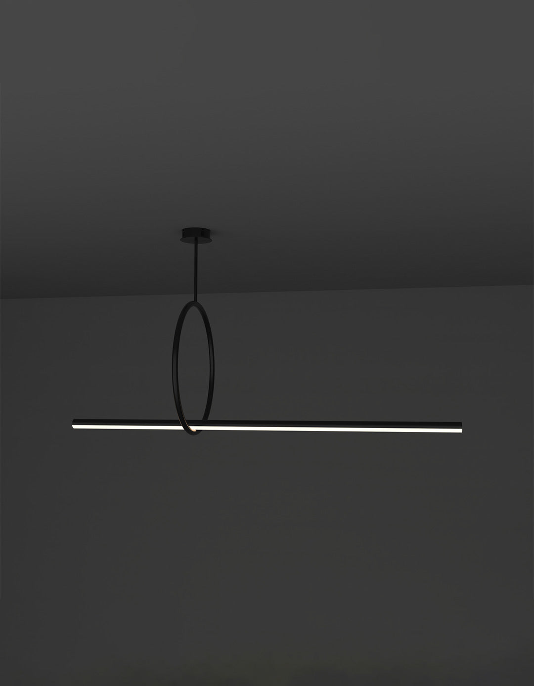 Circle pendant with geometric ring and linear light profile creating ambient lighting – معلق دائري بتصميم حلقي هندسي مع خط إضاءة يوفر إضاءة محيطية