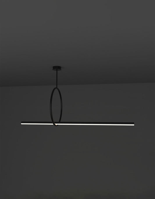 Circle pendant with geometric ring and linear light profile creating ambient lighting – معلق دائري بتصميم حلقي هندسي مع خط إضاءة يوفر إضاءة محيطية