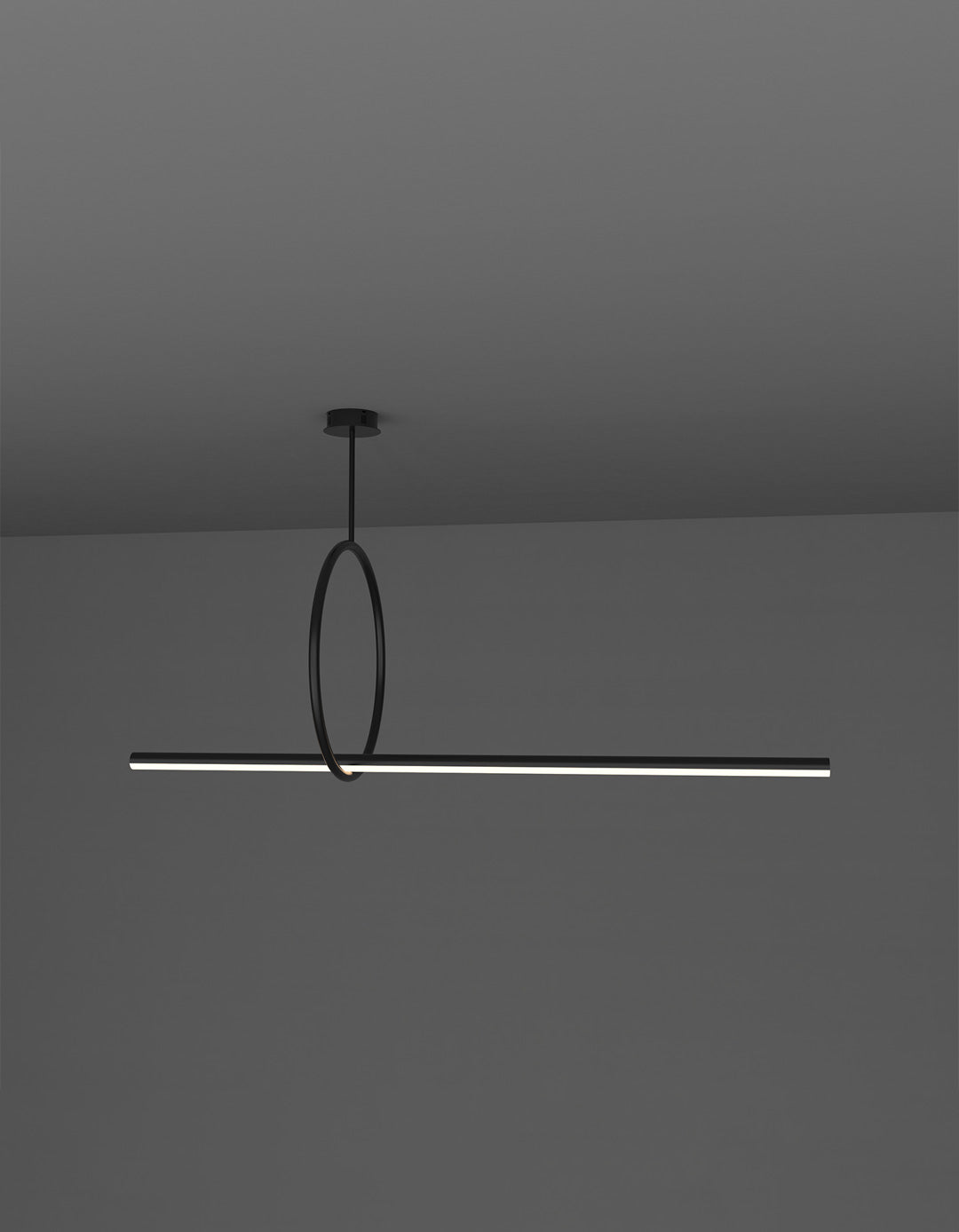 Circle pendant with geometric ring and linear light profile creating ambient lighting – معلق دائري بتصميم حلقي هندسي مع خط إضاءة يوفر إضاءة محيطية