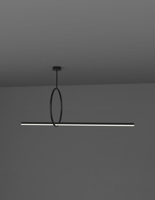 Circle pendant with geometric ring and linear light profile creating ambient lighting – معلق دائري بتصميم حلقي هندسي مع خط إضاءة يوفر إضاءة محيطية