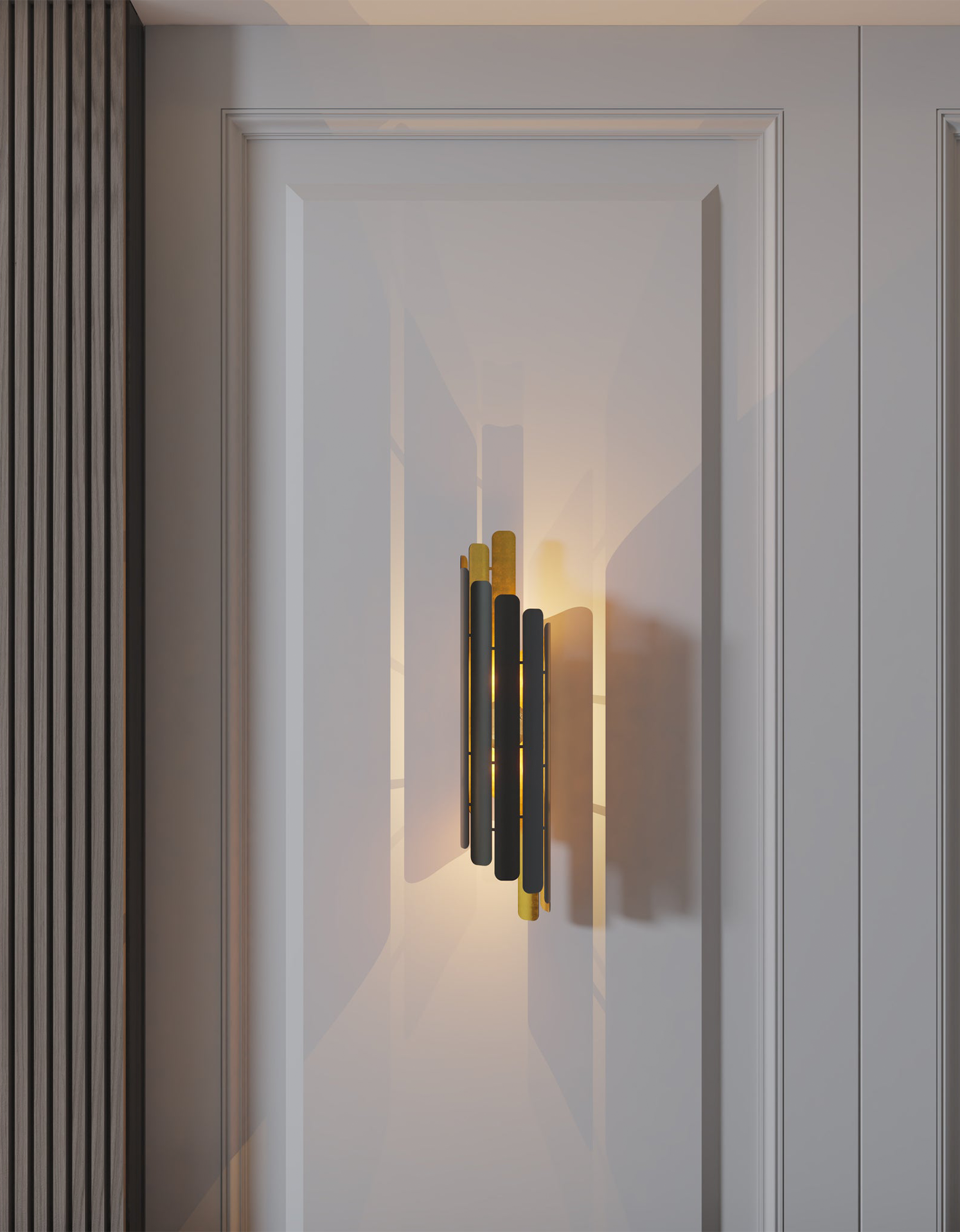 Tempo spiral wall lamp with sculptural black and gold spiral design on modern wall / مصباح حائط حلزوني بتصميم فني باللونين الأسود والذهبي على حائط عصري