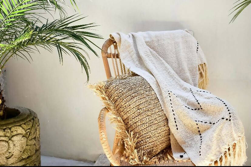 Square Raffia Cushion with Fringes