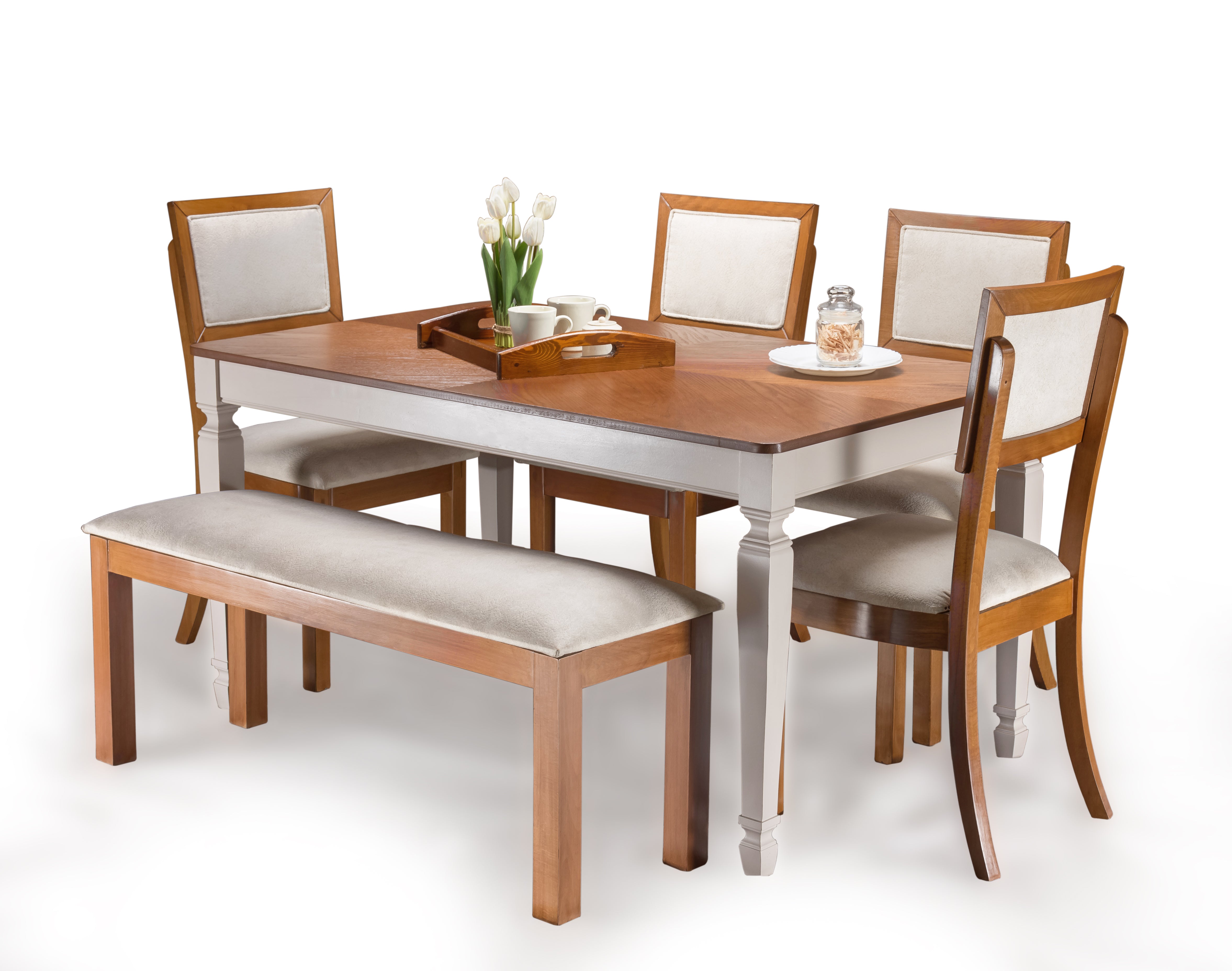 Ivory Dining set Table+ 4 chairs + bench