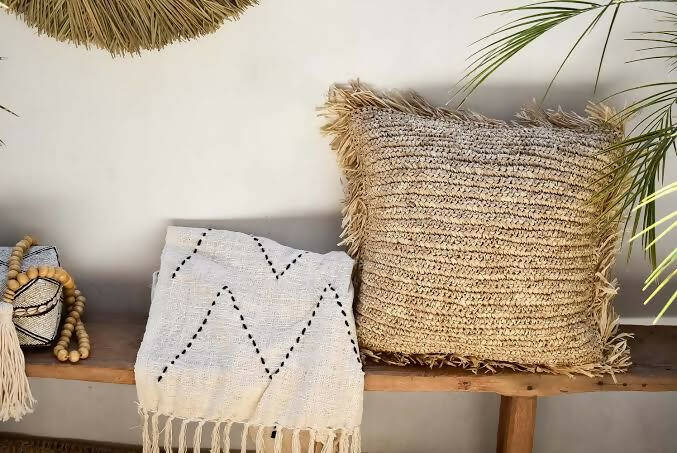 Square Raffia Cushion with Fringes