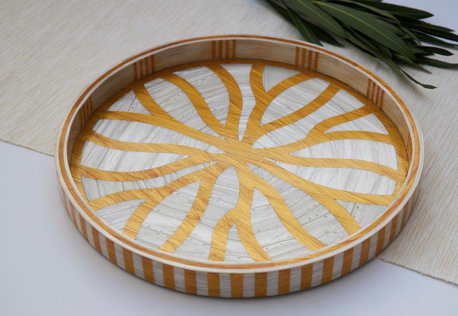 Golden Flower Round Tray