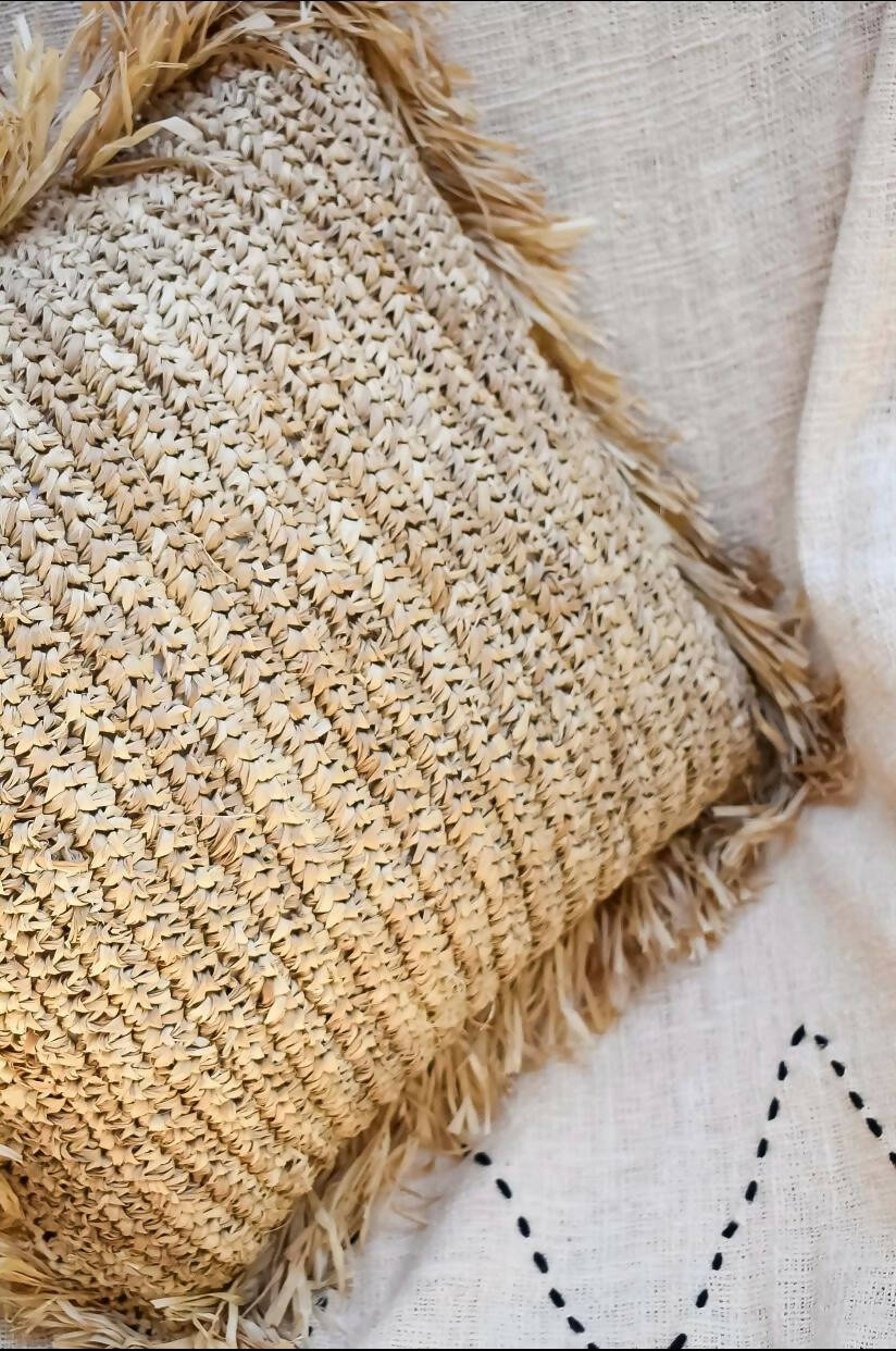 Square Raffia Cushion with Fringes