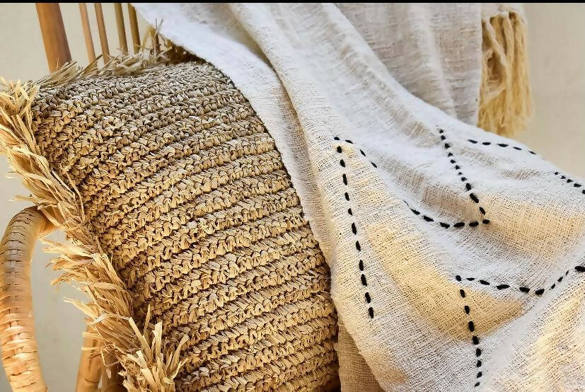 Square Raffia Cushion with Fringes