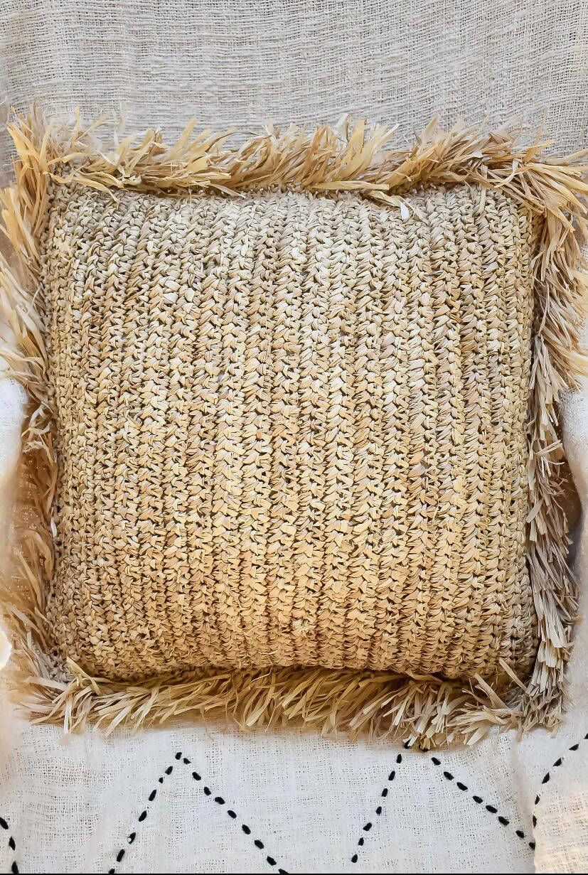 Square Raffia Cushion with Fringes